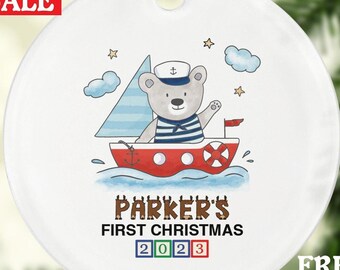 Bear on a Boat Christmas Ornament - Personalized Christmas Boy Kid Child Ornament - Custom Baby or Kid Ornament
