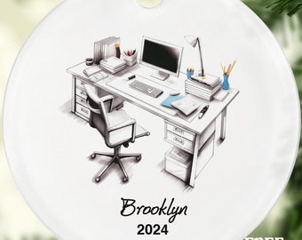 Working Desk Christmas Ornament - Personalized Home Office Work From Home Computer Distance Studying Custom Name