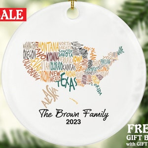 Carte des États-Unis avec les noms des États, décoration de Noël Word Art - Famille fiancée, mariés, couples, États-Unis d'Amérique
