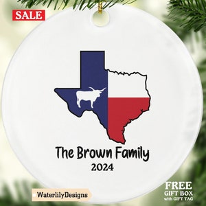 Texas State Christmas Ornament, Lone Star Flag, Map & Longhorn, Personalized Ceramic Holiday Decor, Texas Pride Gift from Austin