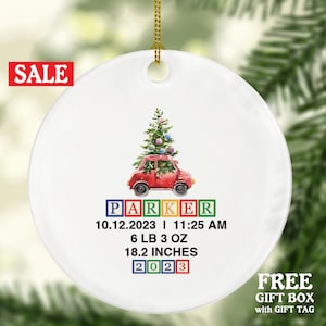Personalized Baby’s First Christmas Car with Tree Ornament, Newborn Decoration for Boys & Girls, Festive Holiday Gift Featuring Classic Tree