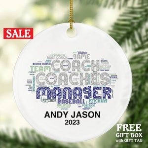 Personalized Baseball Coach Word Art Christmas Ornament, Gift for Coaches, Team Leaders, Coworkers, Employees, Employers, and Baseball Fans
