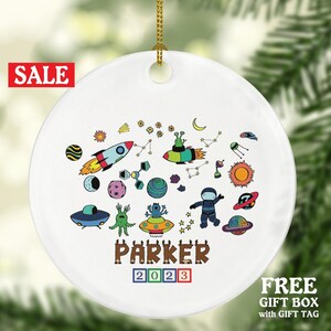 Personalized Space Astronaut Christmas Ornament for Kids, Baby Toddler Boy Girl Holiday Keepsake, Outer Space, Rocket, and Star Themed Gift