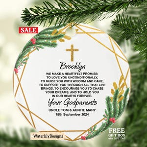 Promise to Godchild Christening Baptism Personalized Christmas Ornament - Baby Godson Grandson Goddaughter Granddaughter Boy Girl Keepsake