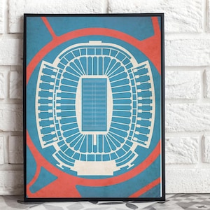 Può includere: Stampa artistica incorniciata raffigurante uno stadio. L'opera presenta una vista dall'alto di uno stadio bianco, su uno sfondo blu con dettagli rossi. Il campo dello stadio è di un azzurro più chiaro. La stampa è in una cornice nera.