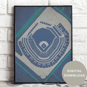 May include: A framed print featuring a detailed, top-down view of a baseball stadium in shades of blue, gray, and green. The stadium's seating and field layout are clearly visible. The print includes the text "DIGITAL DOWNLOAD" in a circular shape.