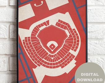 Puede incluir: Una impresión de mapa de estadio de béisbol rojo y blanco con un marco negro. La impresión presenta una disposición detallada del estadio con secciones de asientos y el campo. El texto "DESCARGA DIGITAL" es visible en la esquina inferior derecha.