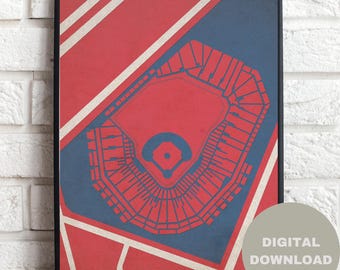 Puede incluir: Una impresión digital enmarcada que presenta un diseño de estadio de béisbol en rojo y azul. El estadio está centrado, con un contorno detallado. El fondo es una mezcla de rojo y azul, con líneas diagonales blancas. Incluye el texto "DIGITAL DOWNLOAD".