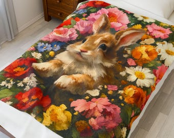 Floral Bunny  Plush Blanket | Rabbit in Spring Flowers