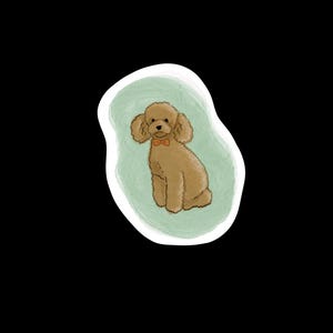 Puede incluir: Ilustración de un caniche marrón con una pequeña pajarita naranja, sentado sobre un fondo verde claro de estilo acuarela. El caniche está centrado y el fondo tiene una forma irregular sobre un fondo negro.