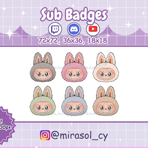 Insignias de suscripción de Labubu, insignias de Monstruo Kawaii, insignias de Bits/Puntos de canal, insignias de recursos para streamers de Twitch, Discord y YouTube.