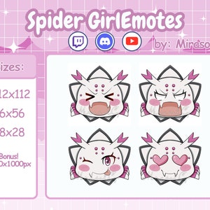 以下が含まれることがあります： 異なる表情をしたアニメーションのクモの女の子の顔文字が4つあります。顔文字は白とピンクの配色です。顔文字は4つの異なるサイズで利用できます: 112x112、56x56、28x28、1000x1000ピクセル。顔文字はMirasolCyによってデザインされました。
