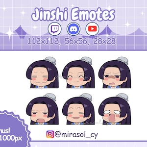 Könnte beinhalten: Digitales Kunstwerk mit sechs Jinshi-Emotes, die verschiedene Emotionen zeigen. Die Emotes im Cartoon-Stil zeigen eine Figur mit traditioneller Frisur und Kleidung. Das Bild enthält den Text "Jinshi Emotes" und Social-Media-Symbole.