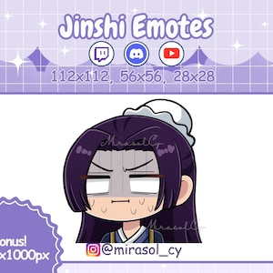 Può includere: Illustrazione digitale di un'emote Jinshi con un'espressione angosciata. Il personaggio ha lunghi capelli viola, un cappello bianco e indossa un abito blu e oro. L'immagine include icone di social media e il testo "Jinshi Emotes."