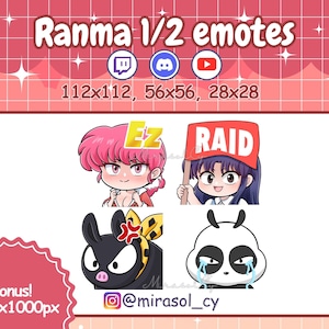 4 emoticones de Ranma 1/2, Ranma Saotome, Akane Tendo, P-Chan, paquete de emoticones de Panda, Discord, Twitch YouTube, emoticones lindos de anime de los 90