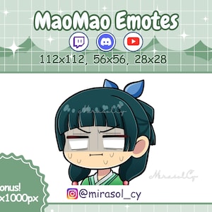 May include: A cartoon illustration of a green-haired character with a worried expression. The character has a blue headband and is wearing a green and white outfit. The image includes the text "MaoMao Emotes" and "@mirasol_cy".