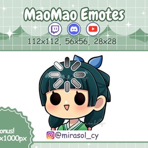May include: A cartoon illustration of a girl with green hair and a blue headband. She is wearing a green and white kimono and has a loading icon above her head. The text "MaoMao Emotes" is at the top of the image, and the text "@mirasol_cy" is at the bottom of the image.