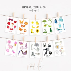 May include: Ten printable cards with watercolour illustrations of objects in different colours. Each card features a colour name and a variety of objects in that colour, such as a red strawberry, an orange pumpkin, a yellow banana, a green avocado, a blue butterfly, a pink flamingo, a purple butterfly, a grey cat, a black spider, and a white daisy.