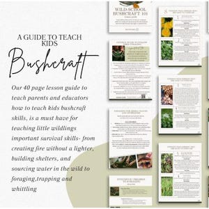 Op de afbeelding: Een gids om kinderen bushcraftvaardigheden te leren. De 40 pagina's tellende lesgids leert ouders en opvoeders hoe ze kinderen bushcraftvaardigheden kunnen leren. Het behandelt vuur maken, schuilplaatsen bouwen, water vinden, etc.