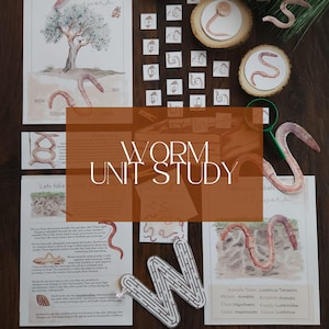 May include: Educational resources for a worm unit study, including illustrated cards, wooden cutouts, and a maze. The materials feature illustrations of worms and related diagrams, with the text "WORM UNIT STUDY".