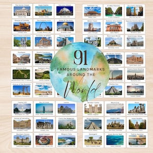May include: An illustrated guide featuring 91 famous landmarks from around the world. Each landmark is identified with its name and location. Includes sites such as the Eiffel Tower and the Colosseum.