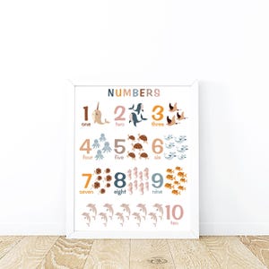 Póster de números del océano / Tabla de números para niños / Impresión de vida marina para guardería / Póster de conteo Montessori / Descarga digital