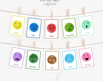 Emotion Flashcards: Watercolor Faces, Preschool Learning (PDF & JPG)