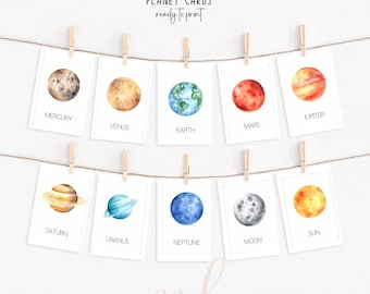 Watercolor Planet Flashcards: Solar System Montessori Printables (Digital Download)