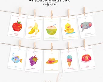 Tarjetas didácticas del alfabeto en acuarela: Montessori imprimibles (descarga digital)