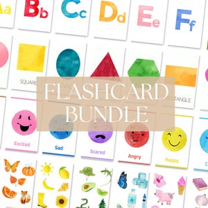 Peut inclure: Ensemble de cartes flash aquarelles avec l'alphabet, des formes et des émotions. Les cartes présentent des illustrations colorées de lettres, de formes géométriques et de visages souriants représentant des sentiments. Le texte "FLASHCARD BUNDLE" est visible.