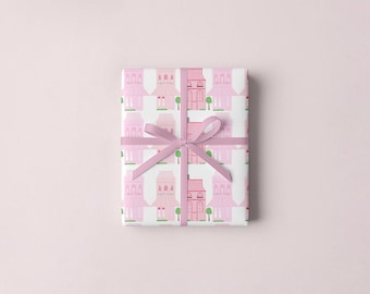 Pink Townhouse Wrapping Paper, Contemporary Gift Wrap Sheets, Birthday Mother's Day Housewarming