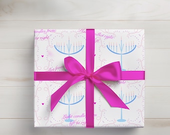 Blue and Pink Hanukkah Menorah Wrapping Paper, Elegant Gift Wrap Sheets Hannukah