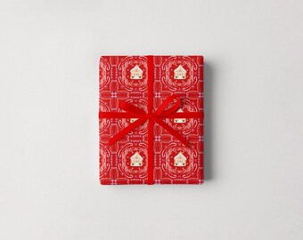 Red Gingerbread House Wrapping Paper, Luxury Gift Wrap Sheets, Christmas Birthday New Year's