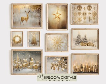 Vintage Christmas Gallery Gold Set of 10 Digital Art Prints Winter Digital Downloads Christmas Holiday Collage Gold Christmas Decor Gold
