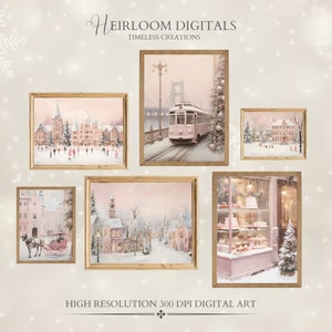 Pink Christmas Decor Digital Gallery Set of 6 Pink Village Scenes Cute Pink Town Pastel Christmas Art Set Retro Pink Christmas Wall Art