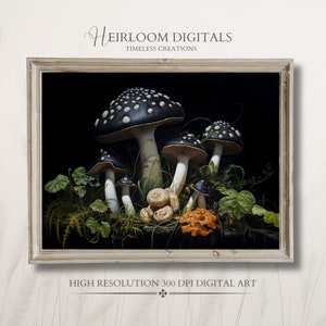 Mushroom Still Life Painting DIGITAL Art print Dark Cottage Core Decor, Dark Botanical Art Moody Mushroom Wall Art