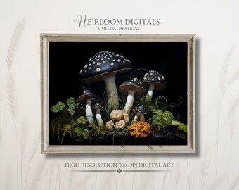 Mushroom Still Life Painting DIGITAL Art print Dark Cottage Core Decor, Dark Botanical Art Moody Mushroom Wall Art