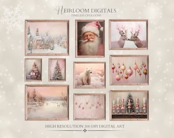 Retro Vintage Pink Christmas Images Gallery Set of 10 Winter Digital Downloads Pastel Christmas Prints Pink Wall Art Christmas Pink Prints