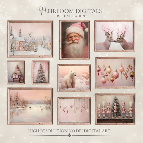 Retro Vintage Weihnachtsbilder Galerie 10er Set Winter Digitale Downloads Pastell Weihnachten Drucke Rosa Wand Kunst Weihnachten Rosa Drucke