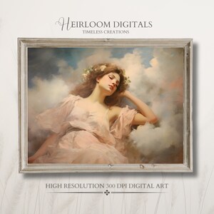 Renaissance Oil Painting DIGITAL Art Print of Woman Laying in Cloud Decor Vintage Classical Art Printable