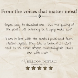 May include: Cream-colored background with text that reads "From the voices that matter most!" and customer testimonials. The Heirloom Digitals logo is at the bottom with the words "Timeless Creations".