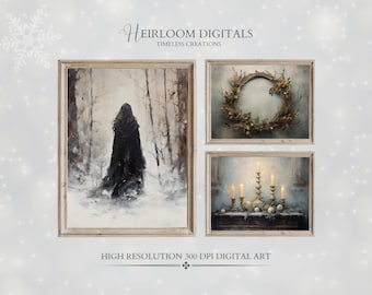 Vintage Winter Yule Decor Digital Art, Winter Solstice Pagan Wall Art Set of 3 with Winter Witch, Yule Altar, and Yule Wreath