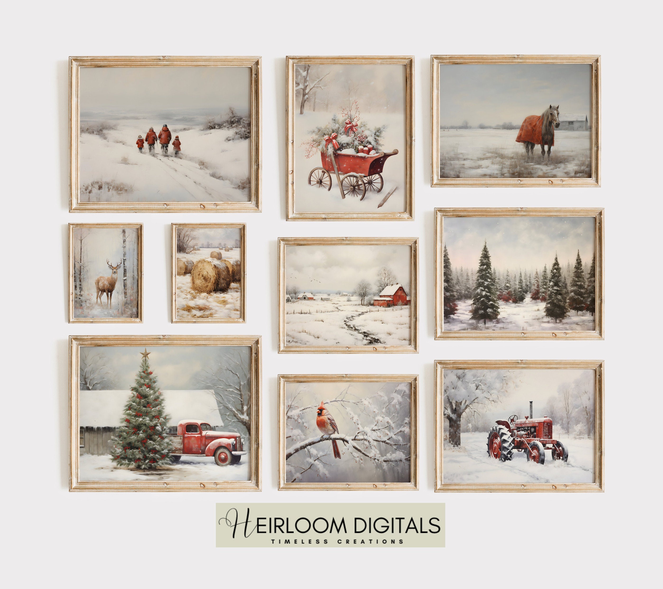 Vintage Winter Farmhouse Gallery Digital Art, Instant Download