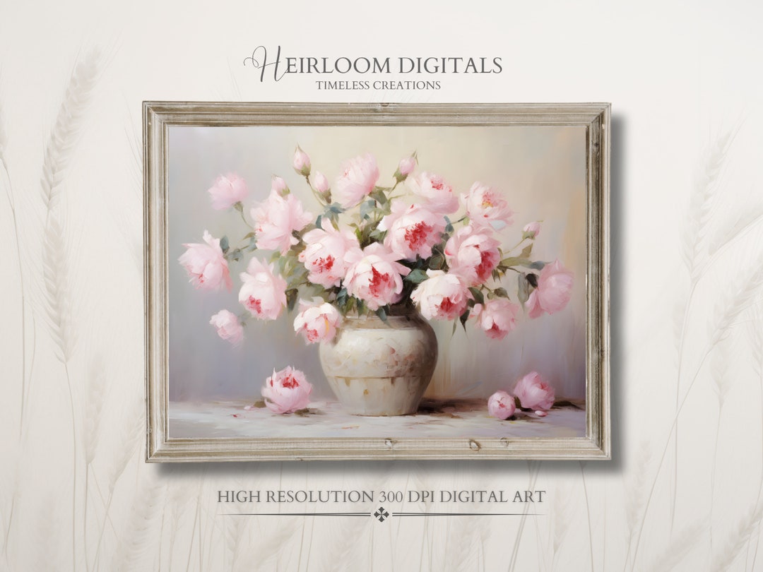 Vintage Moody Peony Print Pink Peony Digital Wall Art Vintage Peonies ...