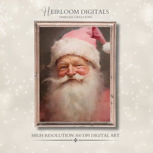 May include: A digital painting of Santa Claus with a pink hat and white beard. The painting is framed in a light brown frame. The text "HEIRLOOM DIGITALS TIMELESS CREATIONS" is above the frame. The text "HIGH RESOLUTION 300 DPI DIGITAL ART" is below the frame.
