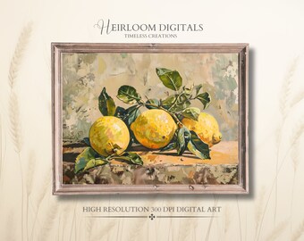 May include: A painting of three yellow lemons with green leaves on a brown background. The painting is framed in a light brown frame.