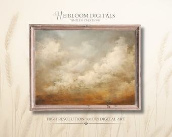 Zachte humeurige Vintage Cloud schilderij Digtal Moody landschap print Cloudscape neutrale warme getinte bewolkte muur kunst boven het bed kunst