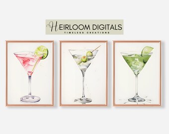 Bar Cart Art DIGITAL Prints Watercolor Martini Art Set of 3 Martini Printable Bar Cart Decor Cocktail Prints Download