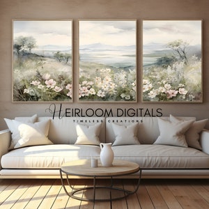 May include: Three framed watercolor paintings depicting a landscape with a lake, mountains, and wildflowers. The paintings are in shades of green, blue, and pink.