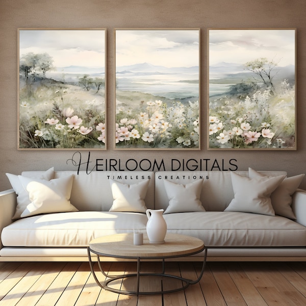 Impression numérique triptyque de paysage de montagne de fleurs sauvages de printemps, peinture aquarelle vintage, art imprimable de printemps, art mural triptyque nature